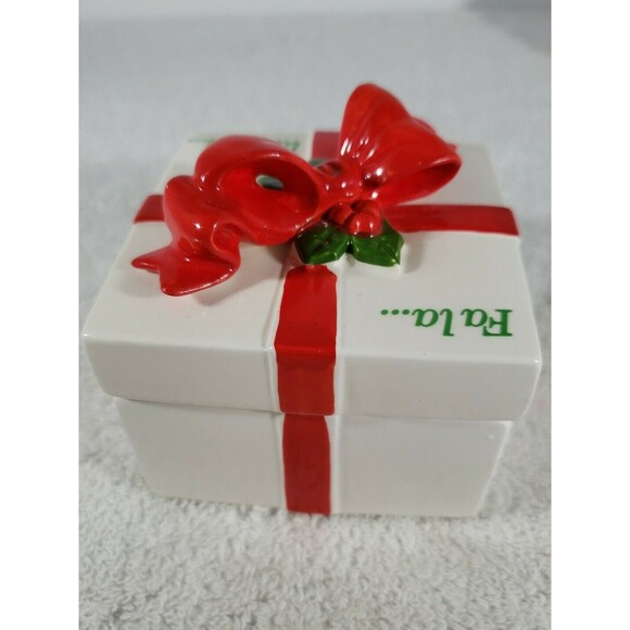 Fitz and Floyd Christmas Trinket Gift Box Bow Fa La La La La Red Green Vintage - Picture 4 of 9